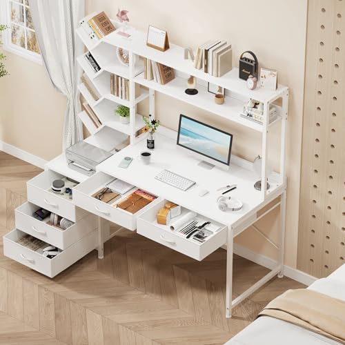 52" Computer Desk with Bookshelf, 5 Drawers ＆ Hutch for Bedroom | White Office Desk with Printer Shelf, Study Writing Desk with Storage Shelves - color: White