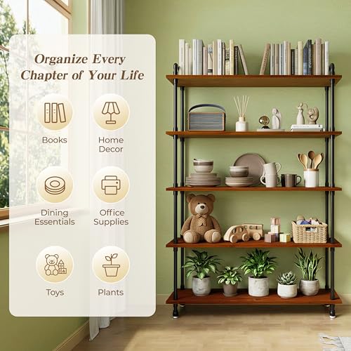 Industrial Bookshelf, Pipe Shelf Bookcase, 5 Tier, 48" Walnut | Solid pine shelves, 48 inch wide, black pipe frame, 50 lbs per shelf, open bookcase for books, plants, office - color: Walnut Brown, size: 48"L × 70"H