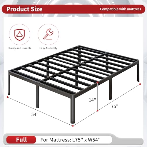 Yicensen 14 Inch Full Bed Frame No Box Spring Needed Heavy Duty Full Size Platform Bed Frame with Rounded Corner Legs, Easy Assembly, Noise Free, Black. - size: Full, style: 14 Inch