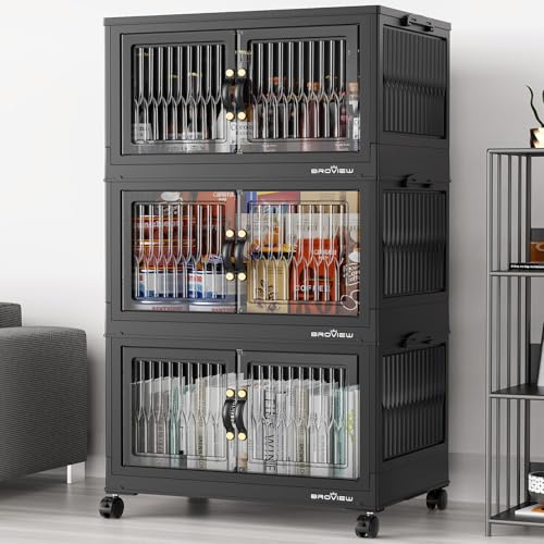 BROVIEW 240Qt Stackable Storage Bins with Lid for Home Dorm, 3Pack Black | Closet Organizers, Foldable & Collapsible Cabinets, Large Containers, Wheels & Magnetic Doors, Plastic Drawers for School - color: Black, size: 80QT-3Pack