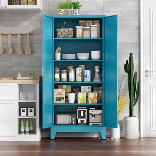 Farmhouse Pantry Cabinet with Barn Doors, 71" H x 31.5" W, 5-Tier Metal Storage Cabinet with 4 Adjustable Shelves for Kitchen Garage Dining Room,Blue 1 Pack - color: Blue, size: 15.8"D x 31.5"W x 71"H-1