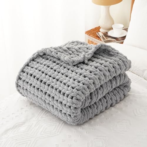 Chunky Knit Throw Blanket for Couch, Light Grey Throw Blanket 50"x60" | Knit Throw Blanket, Soft Thick Chunky Blanket, Hand Made Gray Knitted Throw Blanket for Bed Sofa Living Room - color: Light Grey
