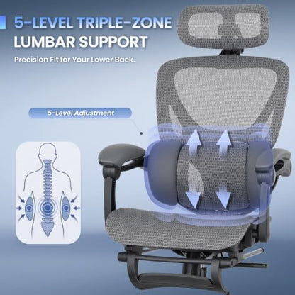 MALOL Ergonomic Mesh Office Chair with Footrest, Executive High Back Computer Desk Chair with 3D Adjustable Headrest & 5-Level Lumbar Support, Track Armrest, Tilt Lock, 300LBS, Grey - color: Grey