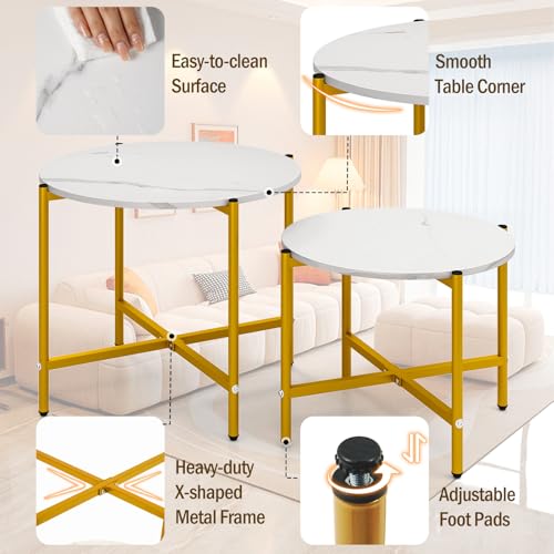 GOFLAME Nesting Coffee Table Set of 2, Round Coffee Tables with Wood Tabletop & Heavy-Duty Metal Frame, Modern Circle End Table & Side Tables, Nesting Tables for Living Room, Bedroom (White) - color: White