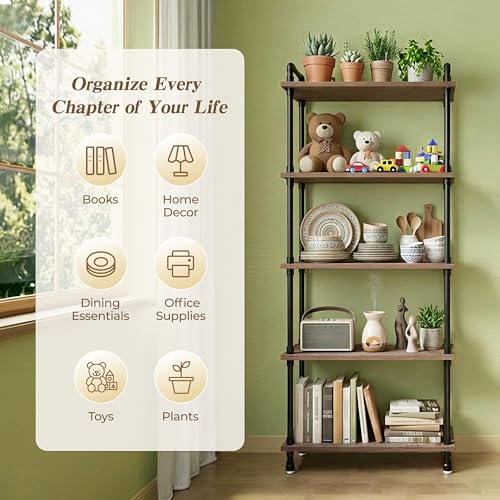 Industrial Bookshelf, Pipe Shelf Bookcase, 5 Tier, 30" Weathered Brown | Solid pine shelves, 30 inch wide, black pipe frame, 35 lbs per shelf, open bookcase for books, plants, office - color: Weathered Brown, size: 30"L × 70"H