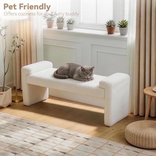 Upholstered Entryway Bench, 43" Modern Bedroom Bench, White | Sherpa Fleece, Curved Armrests, Solid Wood Frame, End of Bed, Bedroom, Living Room, Hallway - color: White-sherpa, size: 43"