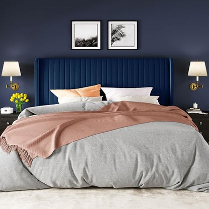 Allewie King Size Velvet Bed Frame/Vertical Channel Tufted Wingback Headboard/Upholstered Platform Bed/Strong Wooden Slats/No Box Spring Needed/Easy Assembly/Blue - color: Blue, size: King