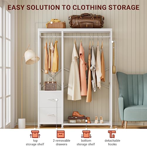 Clothes Rack with 2 Rods, Shelves, Drawers & Hooks, Garment Rack | Clothes rack with 2 hanging rods (50lbs each), 2 shelves, 2 fabric drawers & 4 hooks. 300lb total capacity. Fits small spaces - color: White
