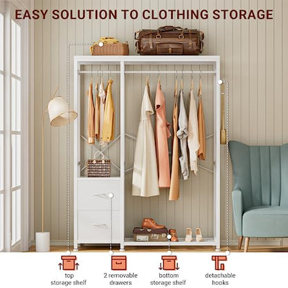 Clothes Rack with 2 Rods, Shelves, Drawers & Hooks, Garment Rack | Clothes rack with 2 hanging rods (50lbs each), 2 shelves, 2 fabric drawers & 4 hooks. 300lb total capacity. Fits small spaces - color: White