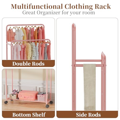 Simple Trending Clothing Clothes Rack, Double Rod Garment Rack, Pink | Portable Closet with Bottom Shelf, Anti-Slip Stoppers, 360° Lockable Wheels, Multiple Uses, Bedroom, Laundry Room - color: Pink