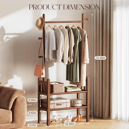 Yoobure Solid Wood Clothing Rack with Shelves - Coat Rack Freestanding with 6 Hooks, 3-in-1 Hall Tree for Hanging Clothes, Tall Garment Racks with Storage for Bedroom, Entryway, Living Room, Closet - color: Walnut