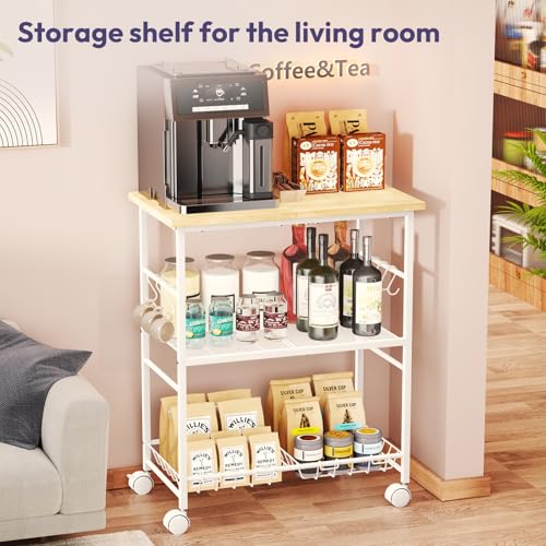 SWTYMIKI Rolling Kitchen Microwave Cart - 3 Tier Microwave Table Stand with Storage Basket and Hooks, Kitchen Utility Cart on Wheels, Coffee Cart Shelf Rack Organizer for Living Room Office, Balcony - color: White
