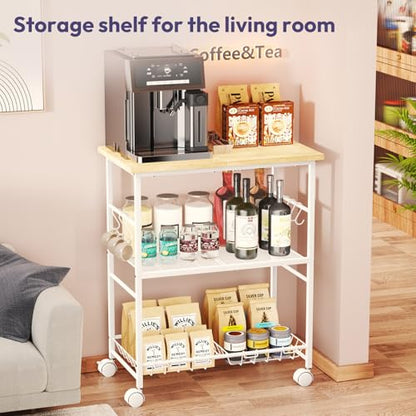 SWTYMIKI Rolling Kitchen Microwave Cart - 3 Tier Microwave Table Stand with Storage Basket and Hooks, Kitchen Utility Cart on Wheels, Coffee Cart Shelf Rack Organizer for Living Room Office, Balcony - color: White