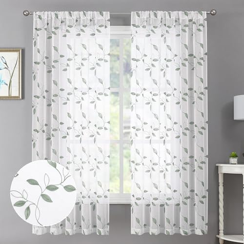 Tollpiz Sage Green Leaf Sheer Curtain Bedroom Short 38 x 45 Inches | Leaves Embroidered Curtains Rod Pocket Voile Window Treatments for Living Room, Set of 2 Panels - color: Sage Green, size: 38"W x 45"L (Pack of 2)