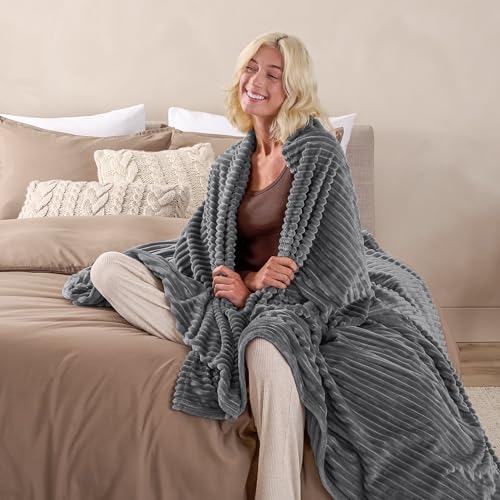 Bare Home Fleece Blanket Luxury Microplush (Full/Queen, Ribbed Grey) | Ultra-Soft Lightweight Blanket for Bed, Sofa, and Couch, Cozy & Warm Blanket - color: 35 - Ribbed Grey, size: Full/Queen