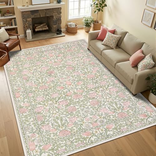 GarveeHome Pink Green Beige Floral Washable Rug 5x7 for Bedroom Living Room | Girls Dorm Nursery Office Rug Vintage Boho Rugs Low-Pile Non-Slip Stain Resistant TPE Backing - color: A Beige / Pink, size: 5' x 7' (Rectangular)
