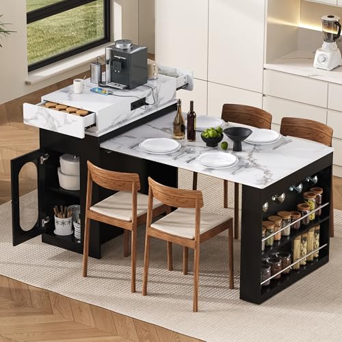 Extendable Dining Table with Folding Tabletop & Power Outlet, Modern Kitchen Island Sideboard with Wheels, Hidden Drawers & USB Charging, Sturdy Buffet Table for Small Spaces (Black) - color: Black