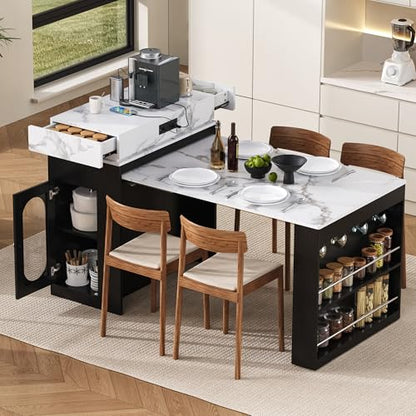 Extendable Dining Table with Folding Tabletop & Power Outlet, Modern Kitchen Island Sideboard with Wheels, Hidden Drawers & USB Charging, Sturdy Buffet Table for Small Spaces (Black) - color: Black