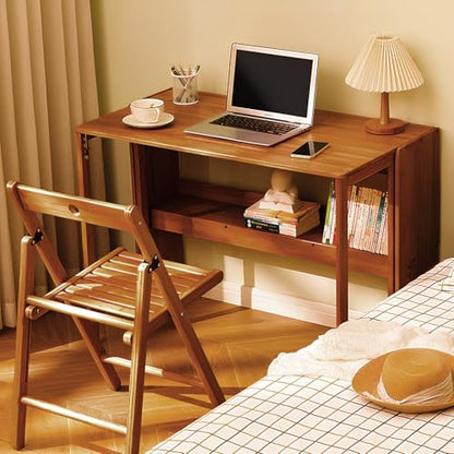 Bamboo Folding Desk Mid Century Modern Desk for Home Office Bedroom Small Spaces, Brown - color: Brown, size: 21.65"D x 32.68"W x 29.92"H