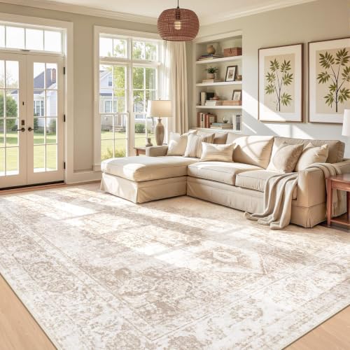 Area Rug 9x12 Vintage Rug: Large Washable Indoor Medallion Rugs Low Pile Distressed Floor Carpet Retro Accent Rug for Living Room Bedroom Kitchen Dining Table Home Office(Beige, 9'x12') - color: Beige, size: 9' x 12' (Rectangular)