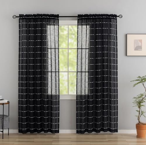 Black Sheer Curtains 90 Inch Faux Linen Boho Striped 2 Panels | Light Filtering Cottage Farmhouse Drapes for Living Room Bedroom, Window Treatments Rod Pocket for Home Decor, 52 x 90 - color: Black, size: 52"W x 90"L (Pack of 2)