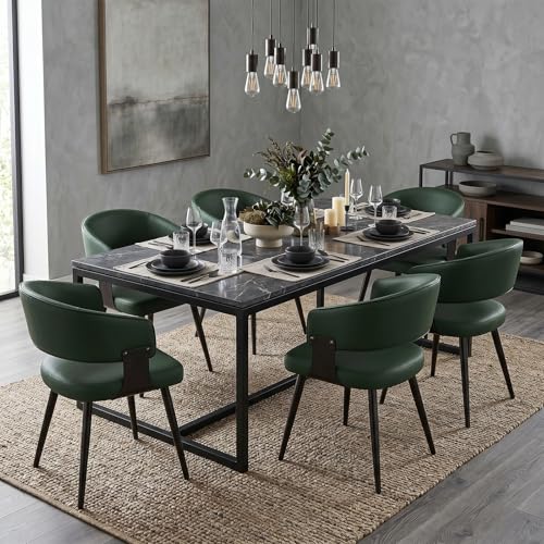 Dining Chairs Set of 6, Modern Upholstered Faux Leather Kitchen Chairs with Curved Back, Easy to Assemble & Clean for Dining Room, Restaurant, Cafe, Green | Faux Leather Upholstery, Curved Back, Metal Legs, Easy Clean, Dining Room, Kitchen, Breakfast Nook