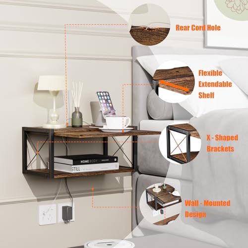 2-Tier Floating Nightstand, Wall Mounted Bedside Table, Wood Bedside Shelf Wall Mounted Nightstand, Floating Bedside Table Wall Shelf for Bedroom, Living Room, Kitchen, Office, Rustic Brown