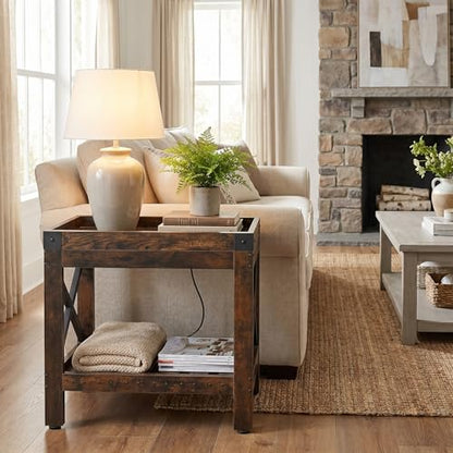 Narrow End Table with Charging Station, Rustic Brown Side Table with 2 USB Ports & Power Outlets, Slim Industrial Nightstand for Small Spaces, Living Room Sofa & Bedroom - color: Rustic Brown, style: With Outlets