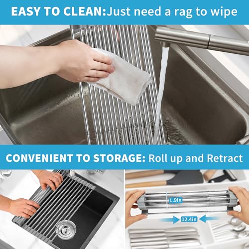 Expandable Roll-UP Dish Drying Rack-Large 304 Stainless Steel Dish Drainer Over The Sink for Kitchen Countertop,Extendable & Rollable & Food Grade (Silver,22.08'x 13.2') - color: Silver, size: Large Expandable