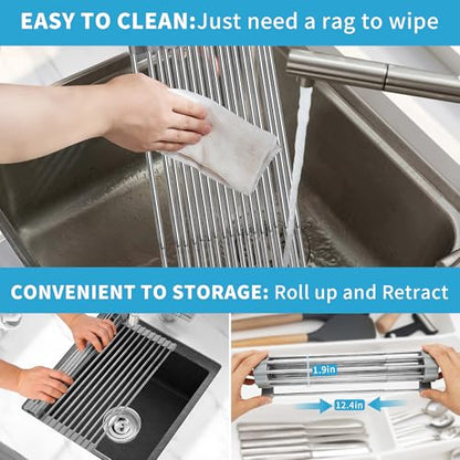Expandable Roll-UP Dish Drying Rack-Large 304 Stainless Steel Dish Drainer Over The Sink for Kitchen Countertop,Extendable & Rollable & Food Grade (Silver,22.08'x 13.2') - color: Silver, size: Large Expandable
