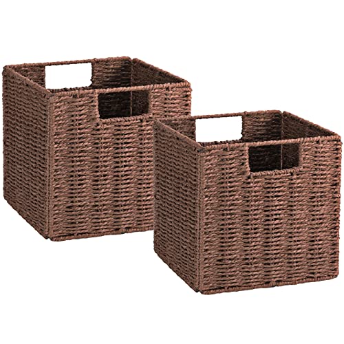 Wicker Storage Basket, Set of 2 Hand-Woven Storage Baskets for Shelves with Handles, Foldable Cube Storage Baskets Bins Organizer, 13 inch Large Wicker Baskets for Pantry Bedroom Decor, Brown - color: Brown, size: 13'' x 13'' x 13''