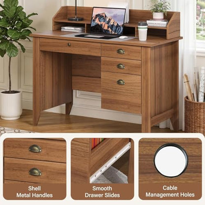 4 EVER WINNER Desk with Drawers, 47'' Small Desk with Monitor Stand and File Drawer, Computer Desk with Storage for Bedroom, Living Room, Small Spaces, Walnut - color: Brown