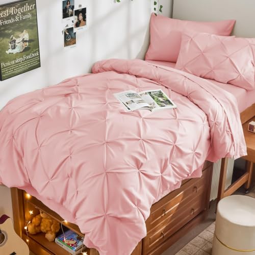 JOLLYVOGUE Twin Comforter Set 5 Pieces - Bed in a Bag Twin for All Season, Pintuck Bedding Comforter Sets with Comforter, Flat Sheet, Fitted Sheet and Pillowcases & Shams, Pink - color: Pink, size: Twin