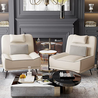 Faux Leather Accent Chair with Ottoman, Modern Upholstered Large Sofa Chair for Living Room Bedroom Lounge Chair Armless Accent Chair and Ottoman Set Beige - color: Beige