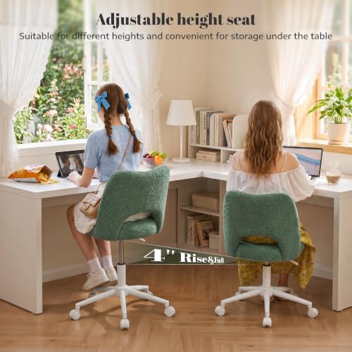 DurayLoly Vanity Chair with Wheels,Open Back,Armless,Green | Soft Teddy Fabric, 6" Thick Cushion, Height Adjustable, 300 lbs, 360° Swivel for Vanity Table, Home Office - color: Green