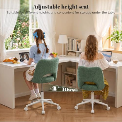 DurayLoly Vanity Chair with Wheels,Open Back,Armless,Green | Soft Teddy Fabric, 6" Thick Cushion, Height Adjustable, 300 lbs, 360° Swivel for Vanity Table, Home Office - color: Green