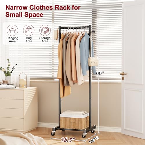 SLEEPING LAMB Small Clothes Racks for Hanging Clothes, Rolling Clothing Rack with Shelves, 60" Metal Garment Rack with Wheels Portable Wardrobe Rack for Small Space, Black - color: Black