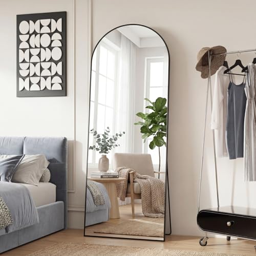 Sweetcrispy 65"x24" Arched Full Length Mirror, Full Body Mirror, Black | Aluminum Alloy Thin Frame, Floor or Standing, Suitable for Bedroom, Living Room, Cloakroom - color: Black-arched, size: 65"L x 24"W