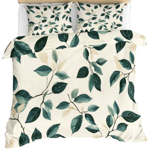 Watercolor Leaf Bedding Teal Sage Foliage Duvet Cover Full | Brown Twig Vine Comforter Cover with Zipper & Ties - 3 Pieces with 2 Pillowcases - White Solid Base Home Decor & Gifts - color: Teal Sage Foliage, size: Full (80 x 90 in)