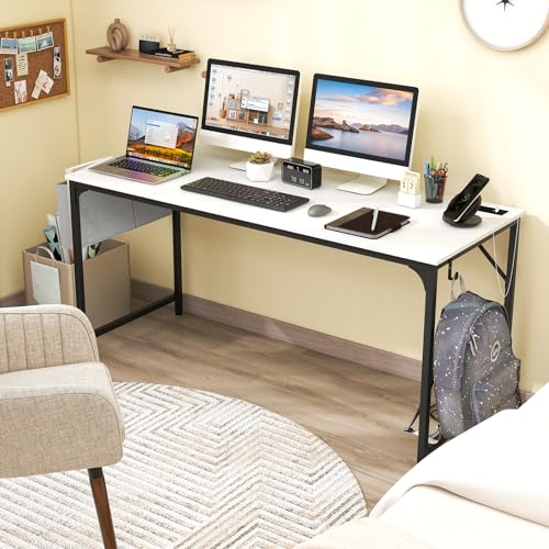 Giantex 60 Inch Computer Desk with Charging Station, Home Office Writing Desk with Storage Bag & Headphone Hook, Large Gaming Table PC Workstation, Modern Simple Laptop Desk for Bedroom, Study - color: White, size: 60"