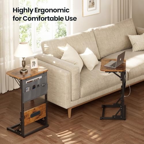 HLDIRECT C Shaped End Table with Charging Station & Storage Bag Brown | 2 USB & 2 Outlets, Storage Bag, FSC Wood, Foldable, 11.8"D x 15.7"W, for Small Spaces, Couch, Bedroom - color: Rustic Brown
