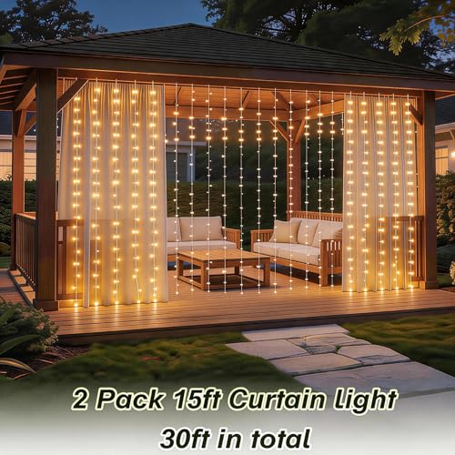 2 Pack Solar Curtain Light Outdoor, 30ft x 10ft, 660 LEDs in Total Solar Powerd String Lights Waterproof Outside for Garden Party Wedding Decór - size: 30 ft