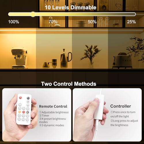 WOBANE 9.8ft COB LED Strip, Dimmable Under Cabinet Lighting with RF Remote | 3000K Warm White,CRI90+,1500lm,Surper Bright,Timing,960 LEDs,24W ETL Adapter,Light Strip for Kitchen Cabinet,Counter,Shelf - color: Warm White, size: 9.8ft COB
