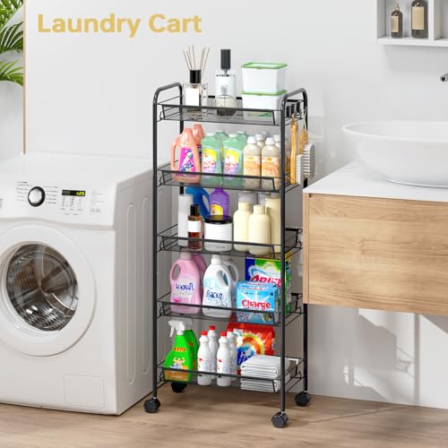 TOOLF 5 Tier Rolling Cart, Metal Utility Storage Cart with Wheels, Black | 3 Hooks, Screwless Assembly, Trolley Organizer for Bathroom, Kitchen, Office, Nursery, Dorm, Laundry Room - color: Black, size: 5-Tier