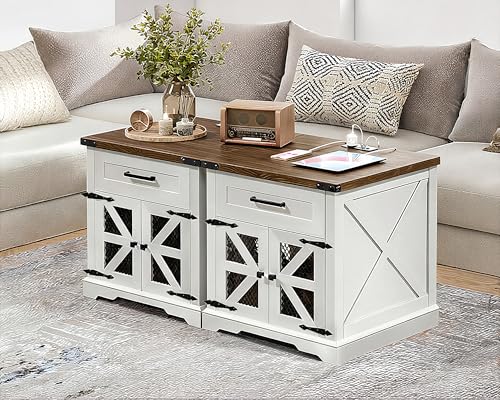 White Farmhouse End Table with Charging Station, 24" Large Sofa Side Table with Drawer, Large End Table for Living Room, Wooden Nightstand with Outlet, Square, White and Walnut - color: White and Walnut