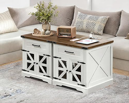 White Farmhouse End Table with Charging Station, 24" Large Sofa Side Table with Drawer, Large End Table for Living Room, Wooden Nightstand with Outlet, Square, White and Walnut - color: White and Walnut