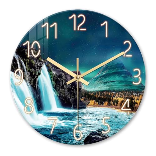 XNM Glass Teal Wall Clocks Battery Operated 12 Inch | Analog Natural Landscape Wall Clock for Bedroom Living Room Kitchen Round Small Silent Clock - color: Teal 10, size: 12 Inch
