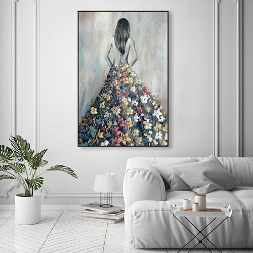 Oliver Gal Girl with Flower Thoughts Canvas Print Wall Art for Living Room, Bedroom, and Bathroom, 36" x 54", Black Floater Frame - color: Black Floater Frame, size: 54"L x 36"W