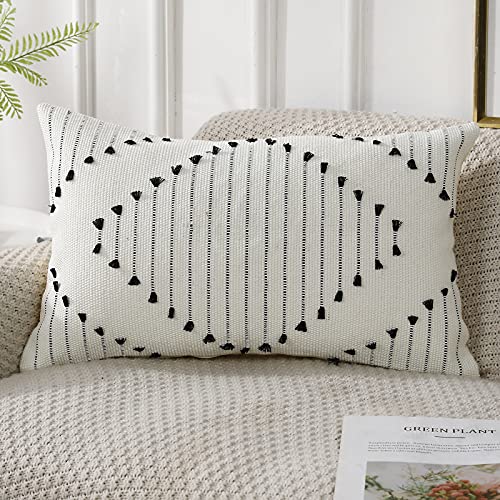 PANOD Knitted Boho Tufted Throw Pillow Covers with Tassel 12x20 inch, Decorative Indoor Outdoor Bohemian Lumbar Cushion case Pillowcase for Couch Sofa Livingroom car Farmhouse Black and Cream White - color: Ivory, size: 20" x 12" (Pack of 1)