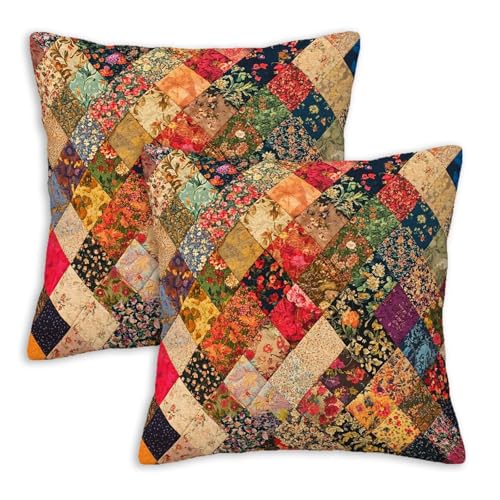 Floral Patchwork Print Throw Pillow Covers 18x18 Inches Set of 2 | Cottagecore Garden Cushion Cases | Boho Pillowcases for Living Room Couch Sofa | Spring Summer Home Decor - color: Farmhouse Patchwork